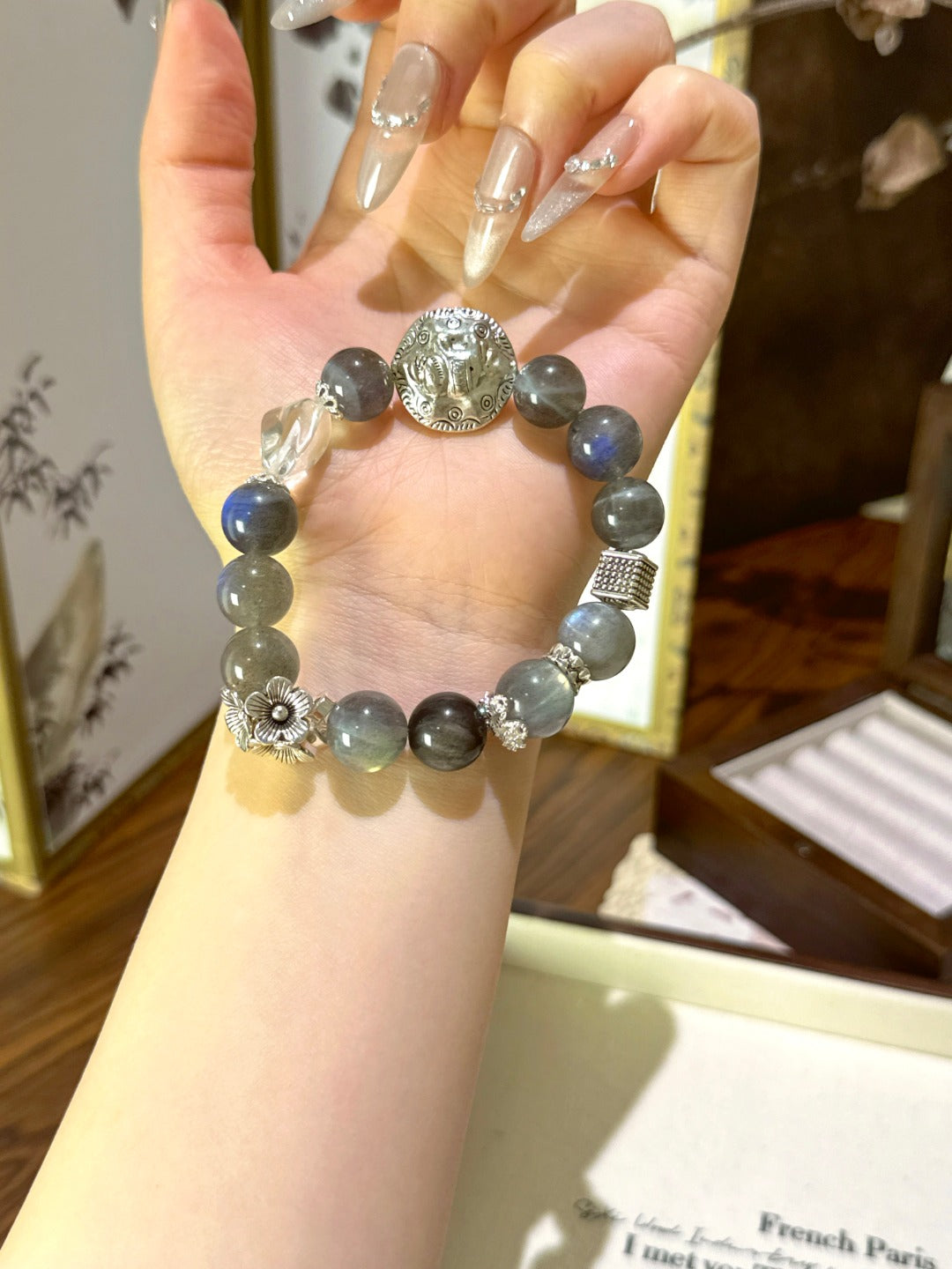 ▫️▪️ Labradorite silver obsidian white crystal bracelet